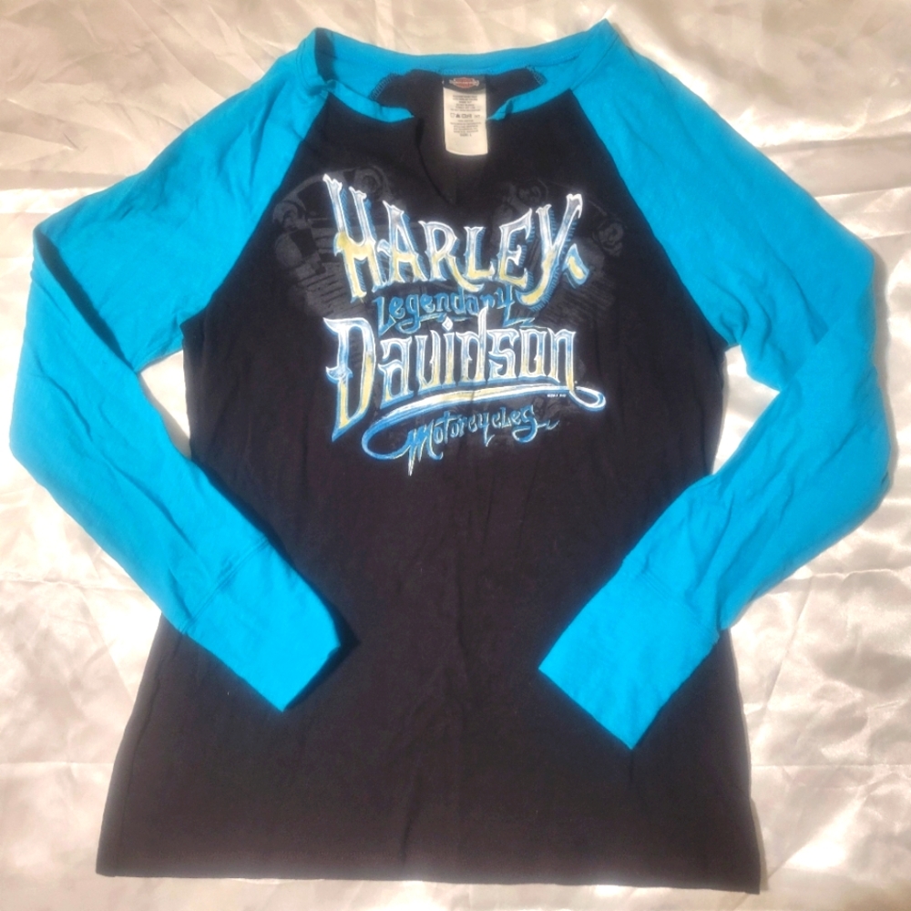 Harley-Davidson Blue and Black Long Sleeve Shirt